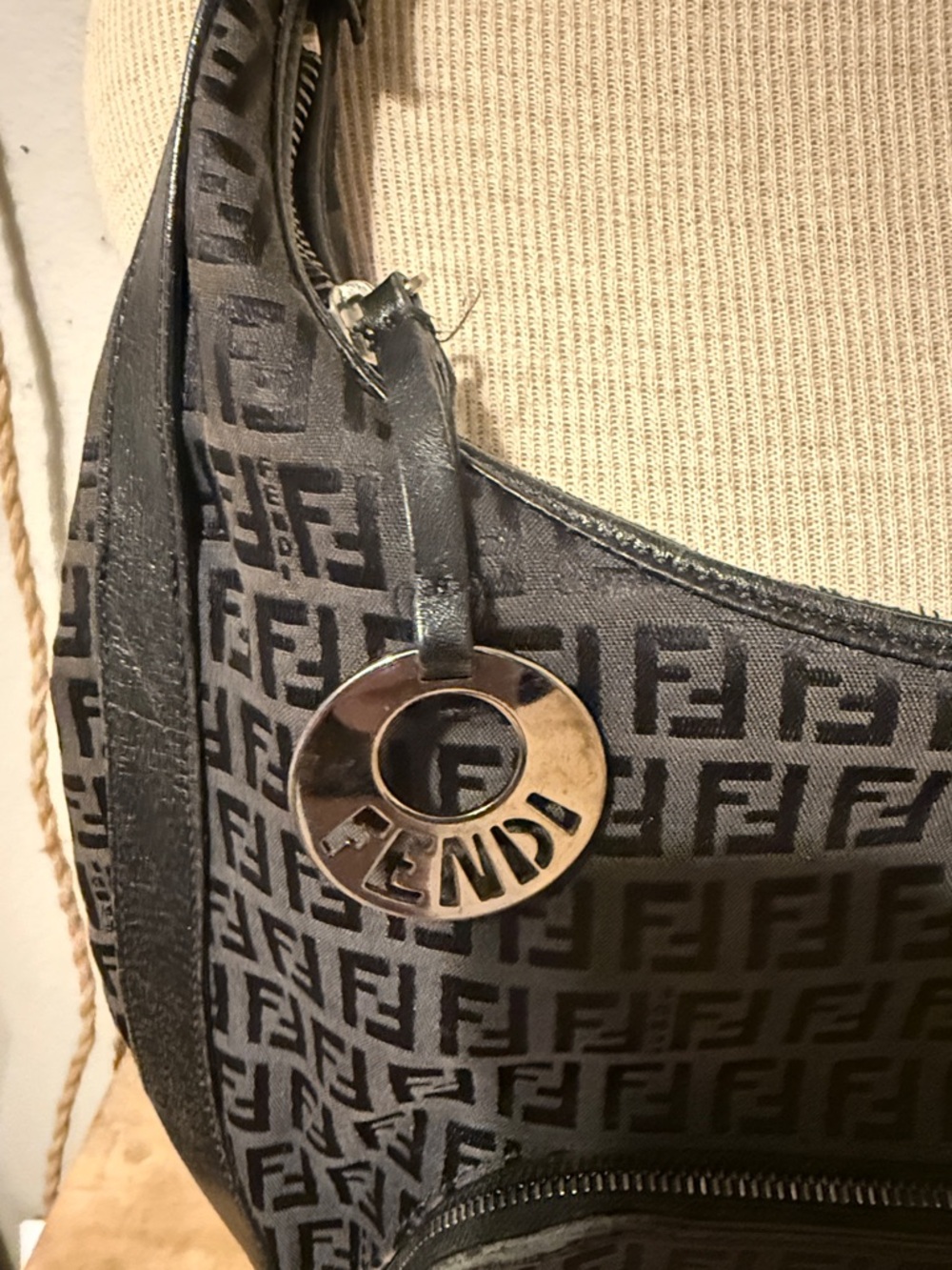 Fendi Black Zucca-Pattern Shoulder 10648BR455 LXT 059 Hobo with Chain Detail - Picture 3 of 9